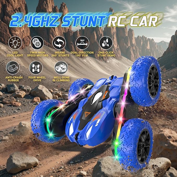 Remote Control Car RC Cars Stunt Upgraded Bilateral Strip Lights, 2.4GHz Outdoor Double-Sided Driving 360° Flips Rotating 4WD Rc Drift Truck Toy for Boys Girls Birthday Gift