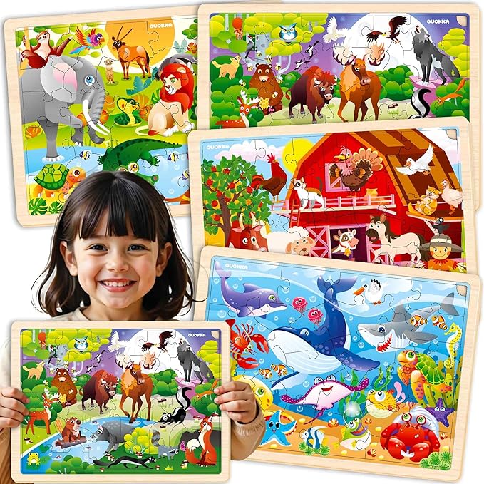 QUOKKA 4SET Puzzles for Kids Ages 4-6 - 24 Pcs Wooden Toddler Puzzles Ages 3-5 - Africa Ocean Animals Farm Learning Games for Boys and Girls 4-8 Year Olds