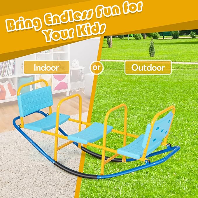 Costzon Teeter Totter Seesaw for Kids Outdoor, 2 in 1 Metal Rocking Seesaw for Toddlers with Easy-Grip Handles, Indoor Outdoor Rocker Toy Gifts for Ages 3-8, 1-3 Person Home Preschool Backyard See Saw