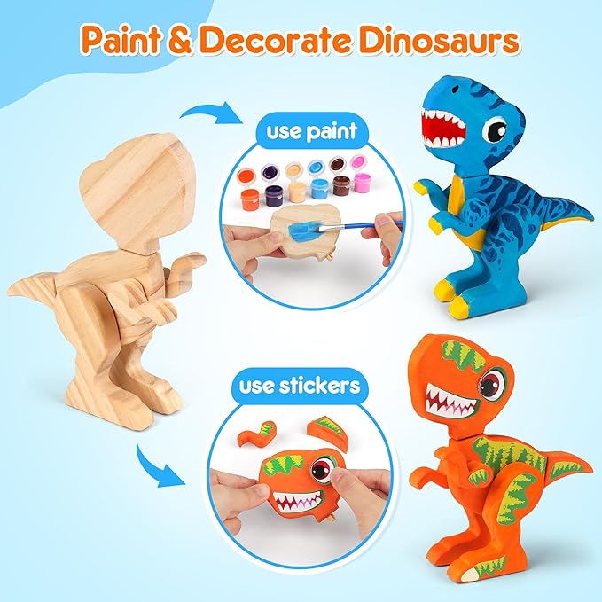 Mocoosy Wooden Dinosaur Painting Art Craft Kit for Kids 3-5, Wood Take Apart Dinosaur Snap Together Building Toy,Build Your Own Dinosaurs with Paint and Stickers STEM Game Creative Gift for Boys Girls