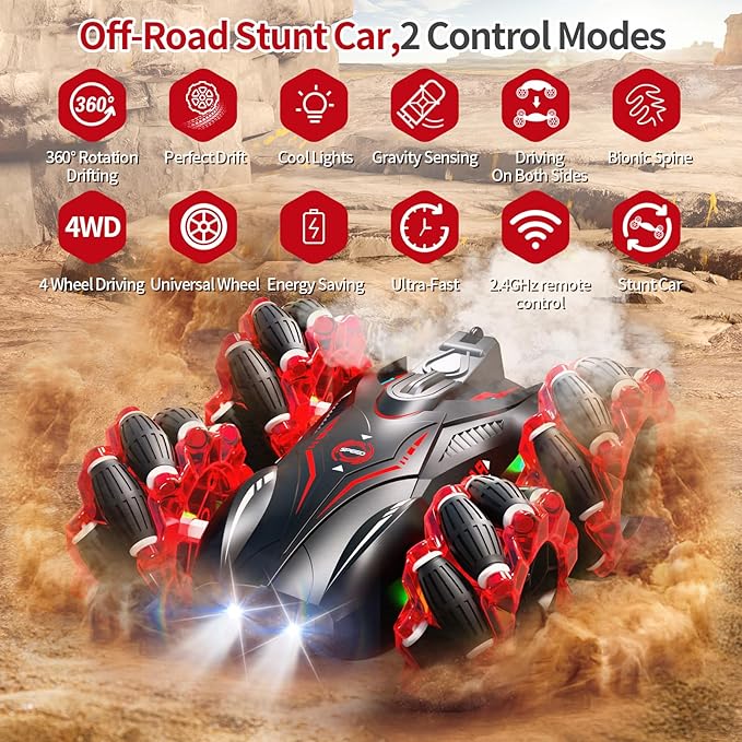 RC Gesture Sensing Stunt Car，2.4GHz 4WD Remote Control Car with Cool Light，Double Sided Rotating Off Road Vehicle 360° Flips Cars for 6-12 Year Old Boys Girls Birthday Presents (Red)