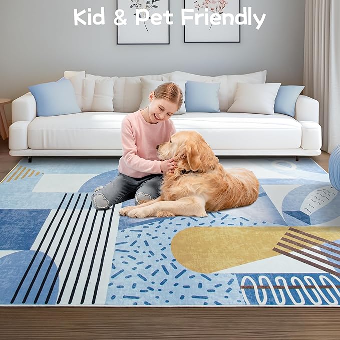 Tepook Blue Area Rug for Living Room, 5x7 Indoor Carpet for Bedroom Washable, Non-Slip Abstract Print Kids Rug for Nursery Playroom Classroom Dorm Office Dining Room