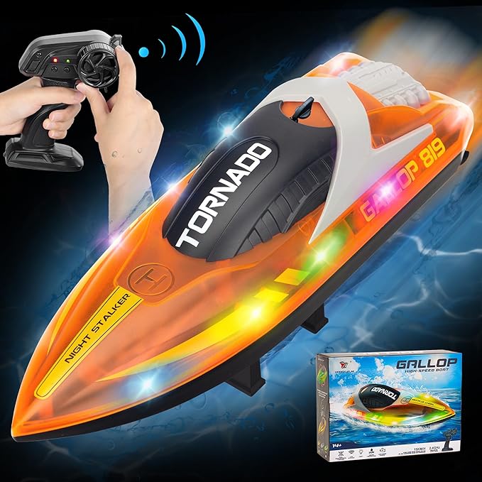 Remote Control Boats for 8-12, 15+ MPH Fast RC Boat with LED Lights, 2.4G RC Electric Speed Boats Pool and Lakes Toys for Kids