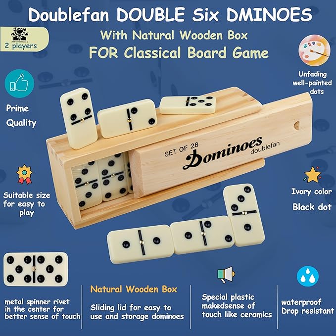 Dominos Set for Adults, Double 6 Domino Game, Double Six Standard Domino with Natural Wooden Box, 28 Tiles,Tradditional Board Game for Adults and Elderly.