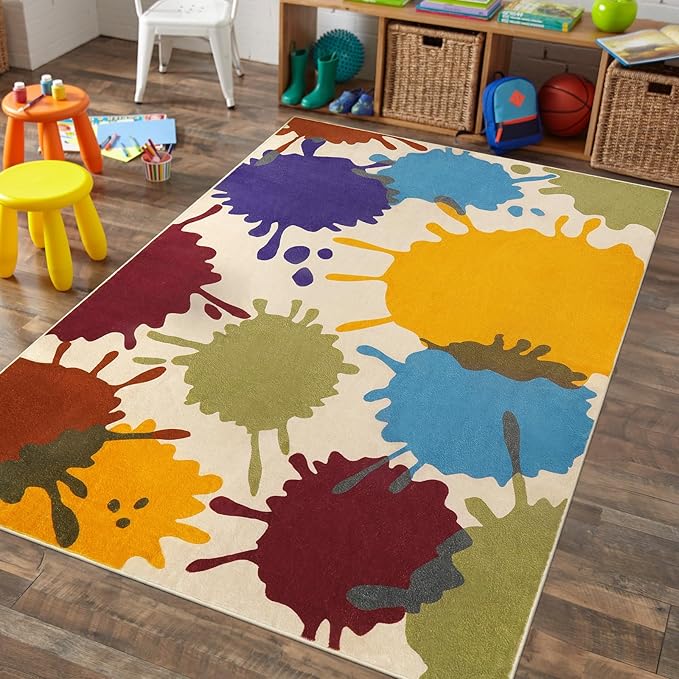 STARUIA Colorful Area Rug, 5'x7' Classroom Rug for Kids, Paint Splash Washable Rug for Playroom, Non-Slip Rainbow Nursery Rug Soft Living Room Carpet for Bedroom Dining Room Kids Room