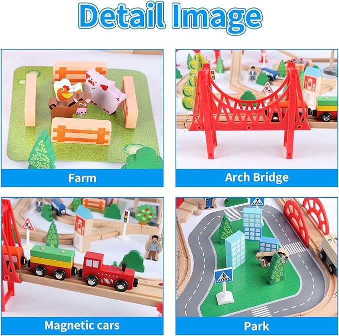 Qilay 140 Pcs Wooden Train Set, Delux Toddler Train Set Railway Kits for Kids, Premium Wood Friendly Building Construction City Train Tracks Toy for 3,4,5 Year Old Boys and Girls
