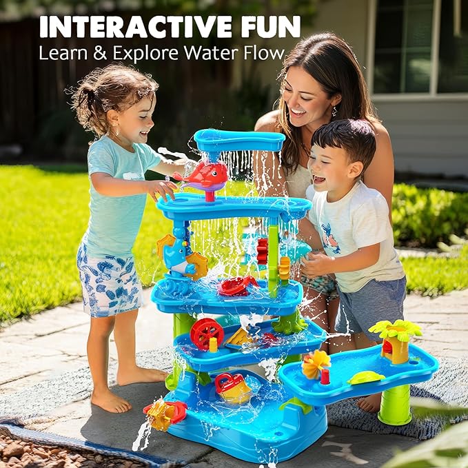 CozyBomB™ Water Table for Toddlers 3-5 | Outdoor Toys Water Play Table, Magnetic Fishing Toy Game, Summer Splash Pond Showers Sand Activity, Sensory Party Birthday Gift Kids Ages 4-8 9-12 (5-Tiers)