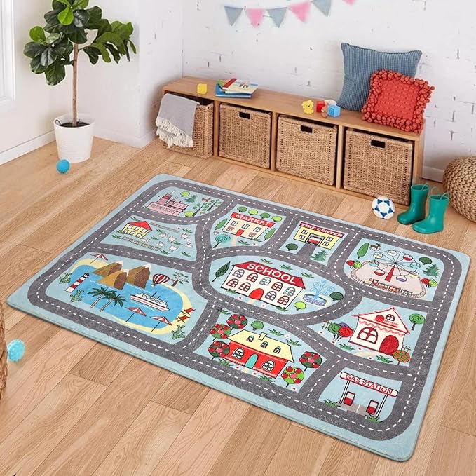 LIVEBOX Kids Rug 3'x5' Car Rug Play Mat for Playing Cars Toys, City Life Playroom Rug Educational Carpet for Children Boy Girl,Road Traffic Nursery Rug for Kids Room Play Area