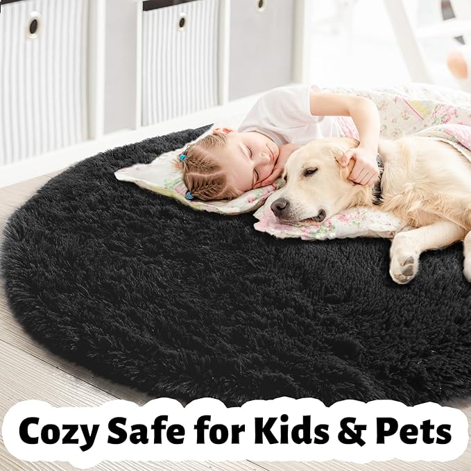 Black Round Rug 6Ft for Bedroom Aesthetic, Fluffy Plush Circle Area Rugs for Living Room, Large Big Fuzzy Modern Cool Carpet for Baby Kids Teen Boys Mens, Office Playroom Nursery Apartment Home Decor