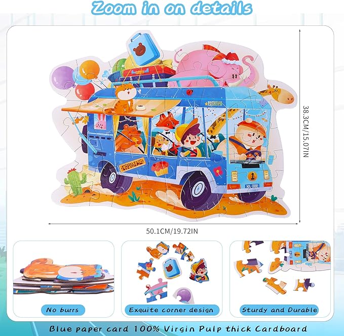 Puzzles for Kids Ages 4-8,53 Piece Unique Large Irregular Animal Shaped Art Puzzle,Floor Puzzles for Kids Ages 3 4 5 6 7 8,Educational Toy Gift Jigsaw Puzzles for Boys Girls (Freedom Camper Car)