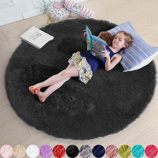 Black Round Rugs 5Ft for Bedroom Aesthetic, Fluffy Plush Circle Area Rugs for Living Room, Fuzzy Modern Cool Throw Carpet for Baby Kids Teen Boys Mens, Office Playroom Nursery Apartment Home Decor