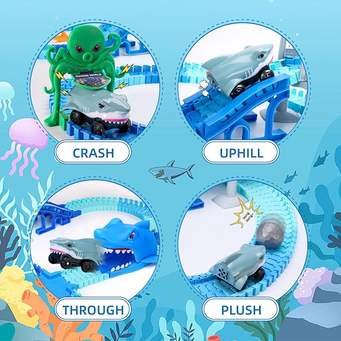 Shark Toys, Train Set 264 Pcs Shark Race Car for Boys Girls 3 4 5 6 7 Year, Bendable Flexible Racetrack Cars with Ball, Ocean Theme Track Toys, STEM Educational Playset, Birthday Gift for Boys Girls