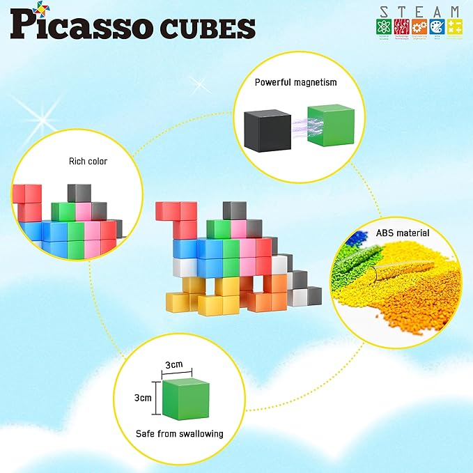 PicassoTiles Magnet Cube Building Blocks 1.2" 3CM Magnetic Cubes Toy Construction Building Educational Sensory Toys with Idea Booklet for School & Preschool Kids Boys Girls Toddlers PMC301