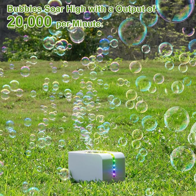 Bubble Machine - Durable Automatic Bubble Blower with LED Lights, Waterproof Motor Over 20,000 Bubbles/Minute, Perfect for Kids' Parties Indoor & Outdoor Fun - Plugin or Battery Powered - Sleek Silver