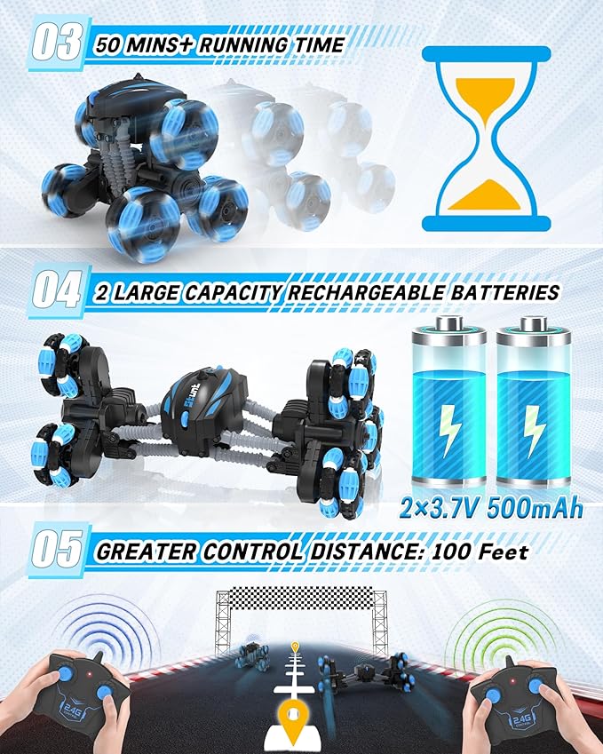 Remote Control Car, RC Transform Stunt Car 360° Flips Rotating, Drift, 90° Upright Driving RC Stunt Truck with Headlight All Terrain Toys for Ages 5-12 Kids Gifts