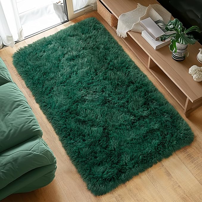 Super Fluffy Throw Rug for Bedroom, Modern Shag Green Area Rugs, Soft and Cozy Plush Small Carpet for Kids,Girls Boys and Teens Decorations for Living Room Dorm Nursery Classroom, 2x4 Feet