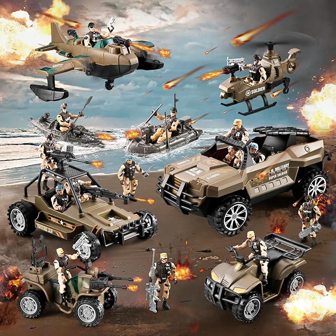 56-in-1 Army Men Toys for Boys 4-7 6-8 8-12, Military Truck/Helicopter/Kayak Boat/Motorcycle/ Army Men Action Figures/Weapon Gears, Army Toys for Boys Kids Birthday Gifts Party Favors
