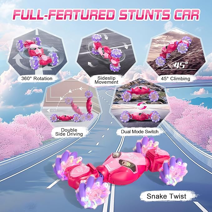 Axirata Gesture Sensing RC Stunt Car with Lights & Music for Girls Kids 6-12 Year Old 4WD 2.4GHz Hand Controlled Remote Control Car 360° Rotation Off-Road Toy Car Gift for Girls Kids(Pink)