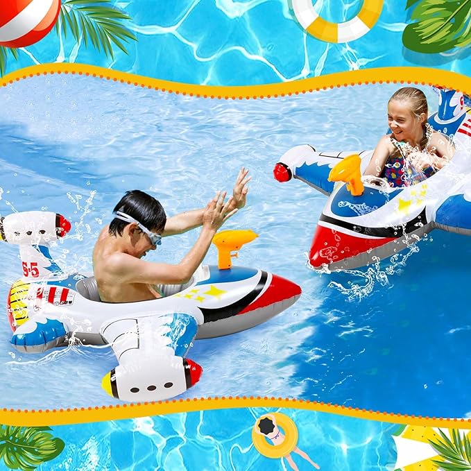 Civaner Inflatable Pool Float Toddler Swimming Float Boat with Water Gun for Kids Blow up Swimming Tube Ride-on Airplane Pool Floaties for Summer Pool Beach Outdoor Party Supplies