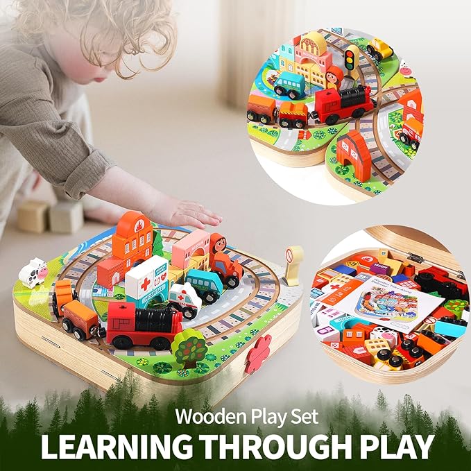 Wooden Take-Along Tabletop Railroad, Wooden Train Sets for Kids Ages 3+