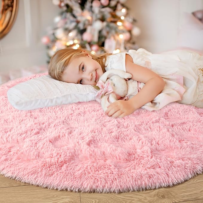 junovo Pink Round Rug 6x6 Feet Fluffy Soft Area Rugs for Kids Girls Room Princess Castle Plush Shaggy Carpet Cute Circle Nursery Rug for Kids Teen's Bedroom Home Decor Large Circular Carpet