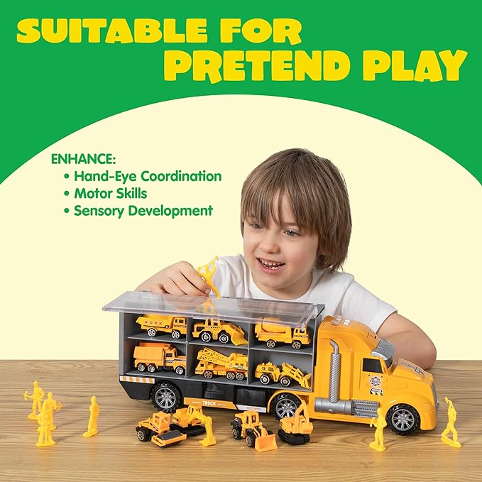 JOYIN 25 in 1 Die-cast Construction Play Vehicle Set, Vehicles with Sounds and Lights in Carrier Truck, Push and Go Car Toy, Kids Birthday Gifts for Over 3 Years Old Boys
