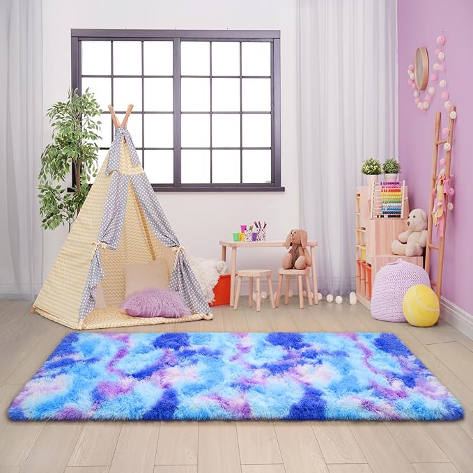 AROGAN 2x6 Feet Soft Runner Rugs for Bedroom Plush Fluffy Rug, Shag Furry Area Rug Carpet Non Shedding for Nursery Children Kids Girls Room Home Hallways Decorative, Blue and Purple