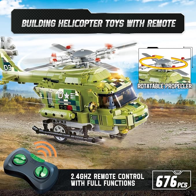Wise Blocks 676 Pcs Building Blocks Remote Control Car, Building Toys for Boys Age 8-12, STEM Toys Construction Sets, RC Cars Boy Toys Birthday Gifts for Kids Age 8+, RC Military Helicopter