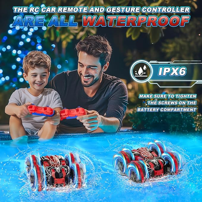 Waterproof Remote Control Car，4WD Amphibious 2.4 GHz RC Car Remote Control Boat，360°Rotation RC Stunt with LED Lights，Boys Girls Gifts All Terrain Water Beach Pool Toy Black