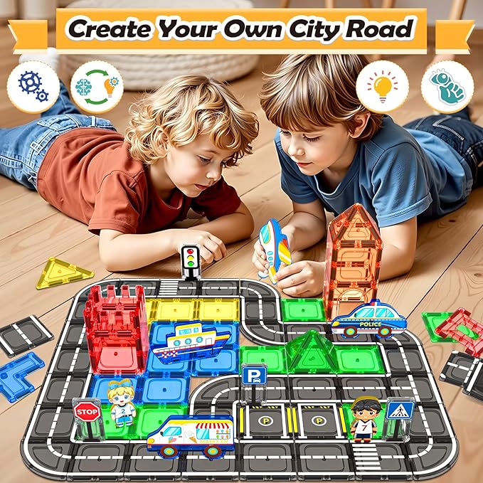 104 PCS Magnetic Tiles Road Set, STEM Magnet Building Blocks for Kids Toddler Toys Games, Christmas Birthday Gifts for 3+ Year Old Boys Girls, Car Enthusiasts and Classroom Must Haves