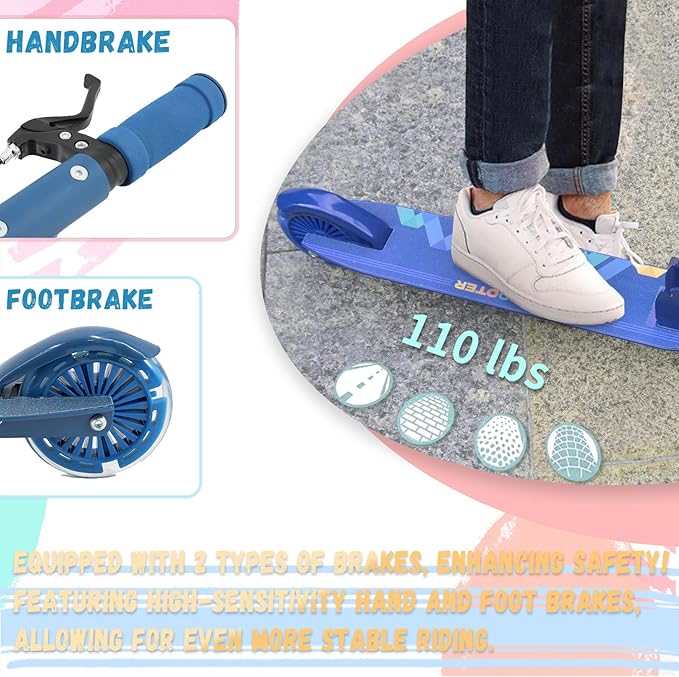 TENBOOM Scooter Kids Scooter with Handbrake, Toddler Scooter Scooters for Kids 3+, Light up LED Wheels Toys for Kids, Adjustable Handlebar, Foldable Scooter for Kids