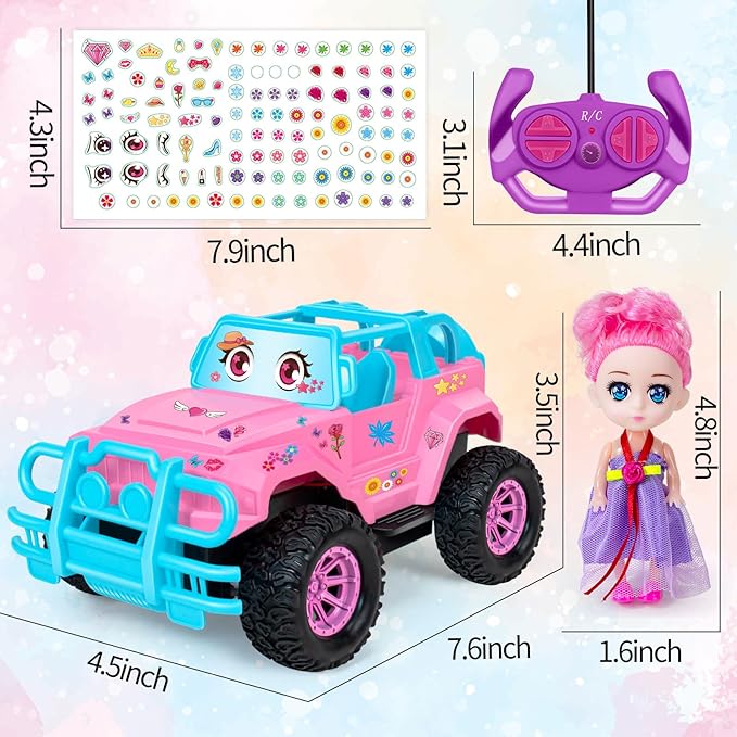 Remote Control Car- RC Truck with DIY Stickers and Doll for Kids Girls Birthday, 1:20 Scale RC Truck Full Functions Creative Racing Car for Toddlers Kids Indoor Outdoor Games, Pink