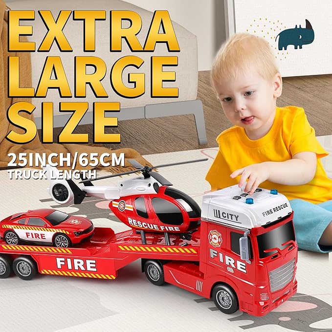 Dwi Dowellin 25.6" Semi Truck Toy with Racing Car and Helicopter for Kids Toddlers - Fire Toys,Birthday Gifts for Boy Toddler Child 2 3 4 5 6 Years Old