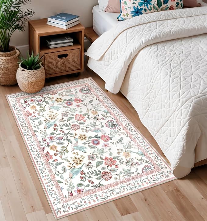 Washable Floral Area Rug, 3x5 Pink Indoor Entryway Rug Soft Non-Slip Botanical Kitchen Rugs, Ultra Thin Modern Flower Birds Throw Carpet for Living Room Bedroom Nursery Foyer
