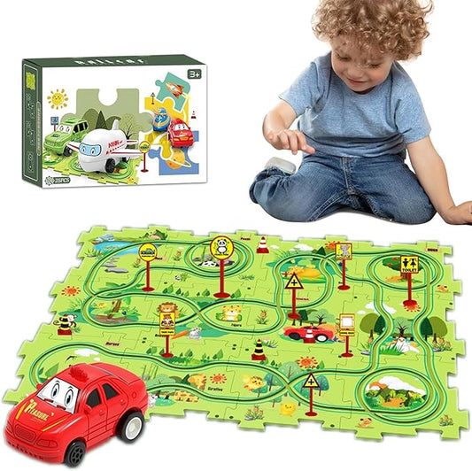 25PCS Puzzle Racer Kids Car Track Set, Land Series Jigsaw Puzzle Racer Car Play Set Preschool Gifts for Kids Christmas Birthday Gift for Boys Girls