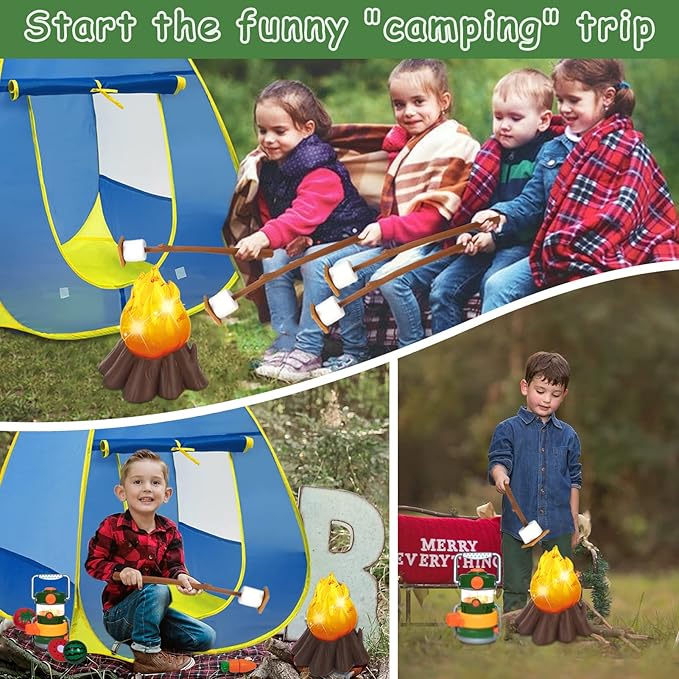 MITCIEN Kids Play Tent with Campfire, Toddlers Camping Set, Oil Lantern with Sound, Cut Up Fruits, Marshmallow, Skewers, Pretend Camping Toys for 3 4 5 6+ Year Old Boys and Girls
