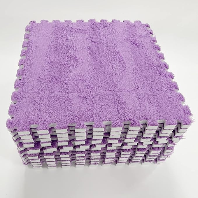 Interlocking Carpet Shaggy Soft EVA Foam Mats Fluffy Area Rugs Protective Floor Tiles Exercise Play Mat for Children Kids Room Home Parlor Bedroom (12 Pcs, Purple)