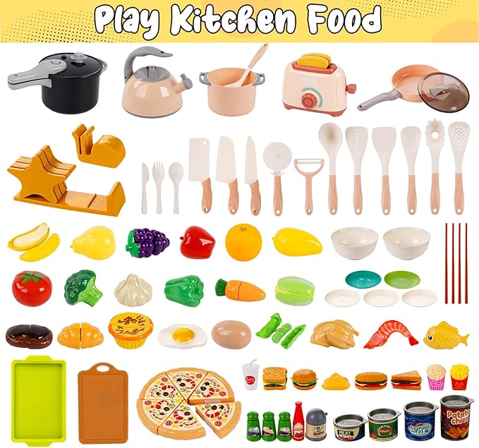 106Pcs Play Kitchen Accessories, Kids Kitchen Toy, Toddler Pretend Cooking Playset with Play Pots,Cooking Utensils,Toy Vegetables,Preschool Learning Education Toys Gift for Girls Boys