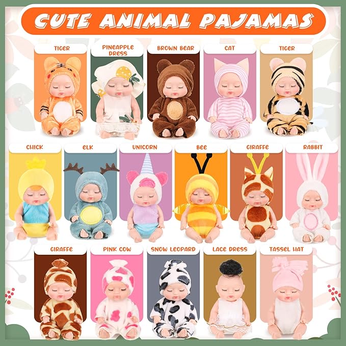 16 Pcs 4 Inch Mini Reborn Baby Dolls Lifelike Realistic Tiny Baby Doll with Animal Clothes Cute Infant Figurine Gifts Set for Teens Girls Boys Toddlers Kids 3+ Birthday Gifts Big Fillers
