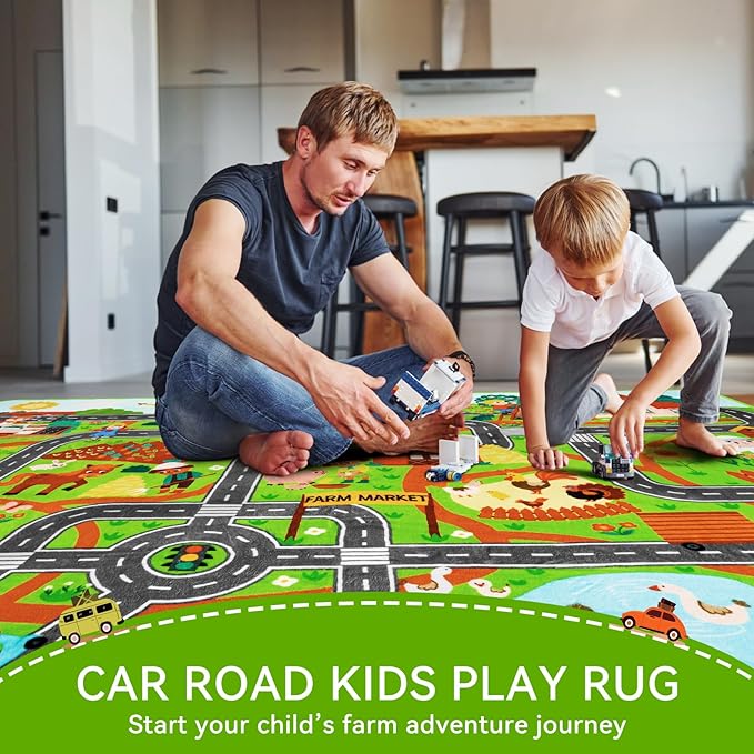 Kids Rug Play Mat for Toy Cars, 59"×78.7" Farm Life Road Traffic for Playroom Kids Car Road Rugs Village Map Play Mat Non-Slip Washable Play Rug for Toddler Room Family Tummy Time Playtime