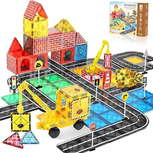 Magnetic Tiles Road Set, Magnetic Blocks Building Toys for 3+ Year Old Boys Girls, Magnet Construction Toys Preschool Educational Kids Magnet Tiles for Toddlers 3-5 4-8 (Magnetic Tiles City Set)