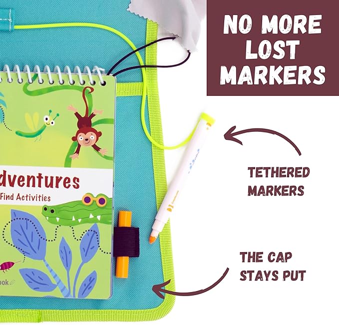 Kids Travel Educational Activity Book with Washable Markers - Car and Airplane Activities, Learning Toys for Toddlers- Reusable Stickers for Ages 4, 5, 6 (Jungle & 2 Extra Books)