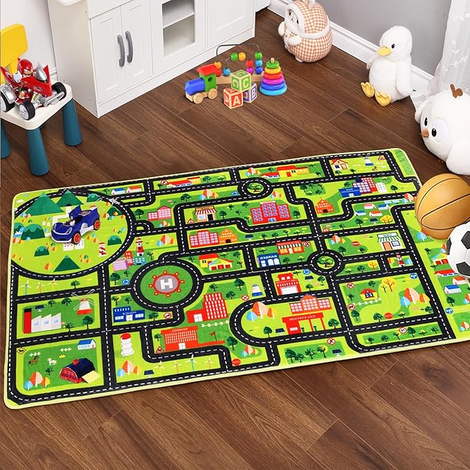 Kids Rug 3x5 City Play Mat Non Slip Exercise Mat Baby Fun Rug Carpet for Kids Toddler City Traffic Road Map Ultra-Soft Educational Kids Street Carpet Mat for Bedroom Playroom Nursery Black
