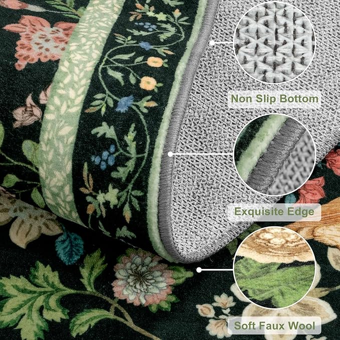 Floral Washable 5x7 Area Rug, Boho Birds Black/Green Rugs for Living Room Soft Non-Slip Vintage Flower Bedroom Rug, Low Pile Botanical Indoor Carpet for Nursery Playroom Dining Room