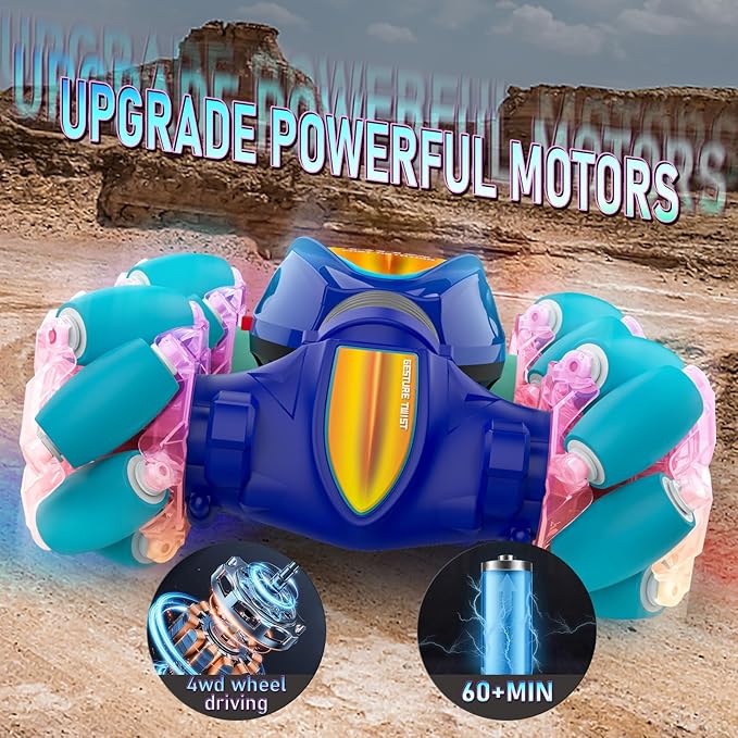 Remote Control Car, Gesture Sensor RC Stunt Cars Toys for Boys Girls Age 6 7 8 9 10 11 12+ Years Old, 2.4GHz 4WD 360° Flips Off Road RC Vehicle Toy with Lights/Music, Best Gifts for Kids, Blue