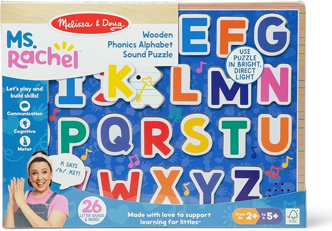 Melissa & Doug® Ms. Rachel™ Wooden Phonics Alphabet Sound Puzzle with Light-Activated Sound Effects, 24-Piece Toddler Toys for Boys and Girls Ages 2+ Years