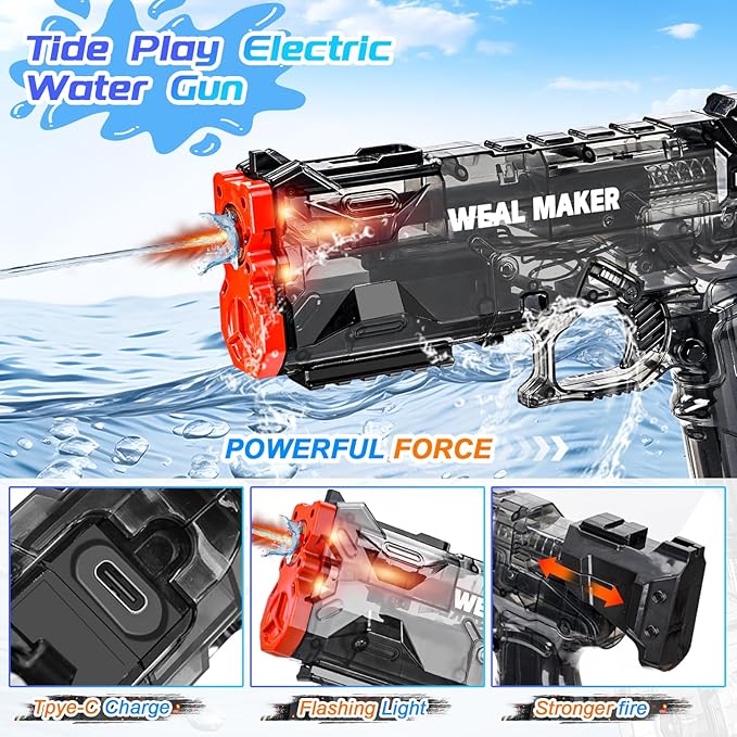 2025 Upgraded Electric Water Gun with LED Flash and Type-C Charging, Automatic Squirt Guns 25-30 FT Range, Realistic Water Pistol for Summer Outdoor Pool Party Kid Sprinkler Toys