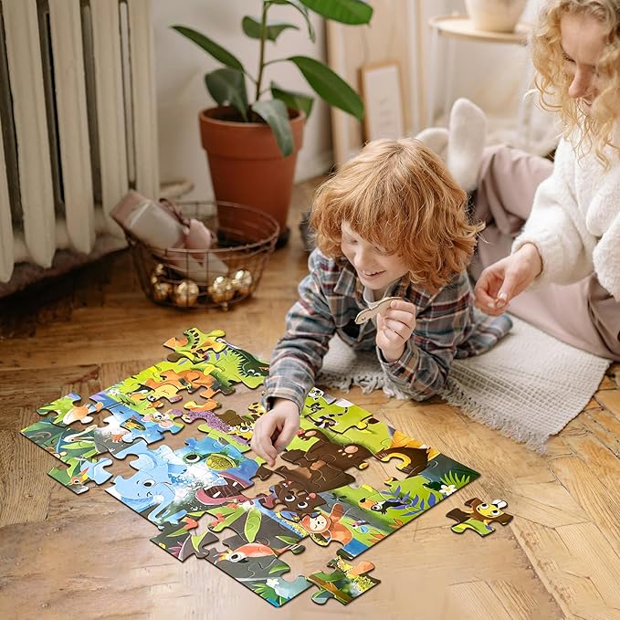 Jumbo Floor Puzzle for Kids, Dinosaur Puzzle for Kids Ages 4-8, 48pcs Jigsaw Puzzle for Toddlers 3-5 Year Old, Preschool Learning & Education Toys, Great Gift for Children(Jungle Animals)