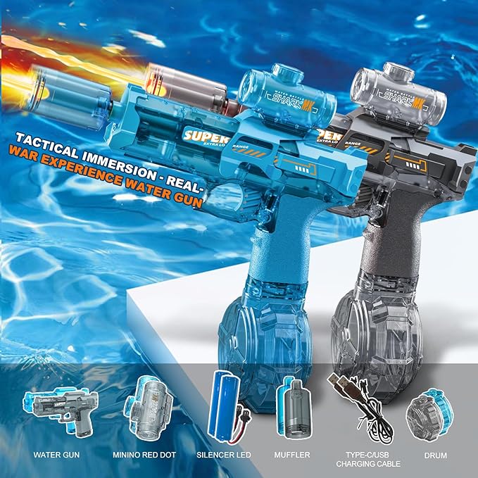 Electric Water Gun for Adults Kids, 2 Pack Automatic Squirt Watergun Pistol with Led Lights, Summer Outdoor Pool Beach Party Toys, Black and Blue