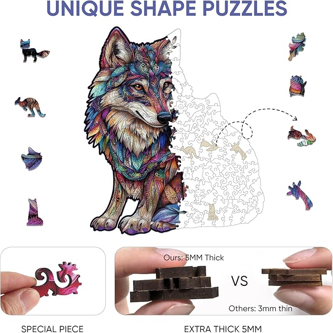 Wooden Puzzles for Adults, Wolf Family Jigsaw Puzzles 500 Pieces, 17.3x14.9in, Unique Shaped Cool Animal Wood Adult Puzzle, Best Gifts for Adults and Kids Family Game
